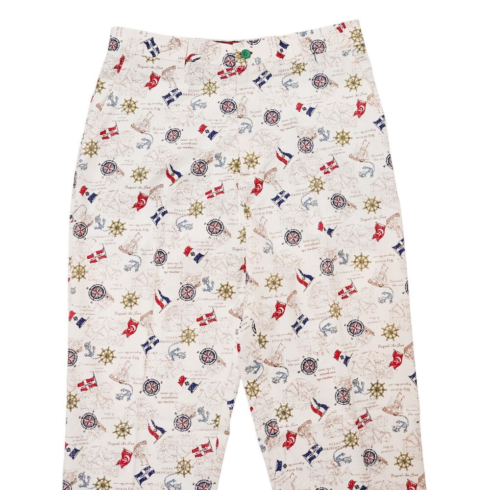 Mens 32 Nautical Print Pants Cream Multicolor Cotton Straight Fit Trousers NWT